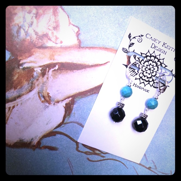 Turquoise & Onyx Dangle Earrings - Picture 1 of 7